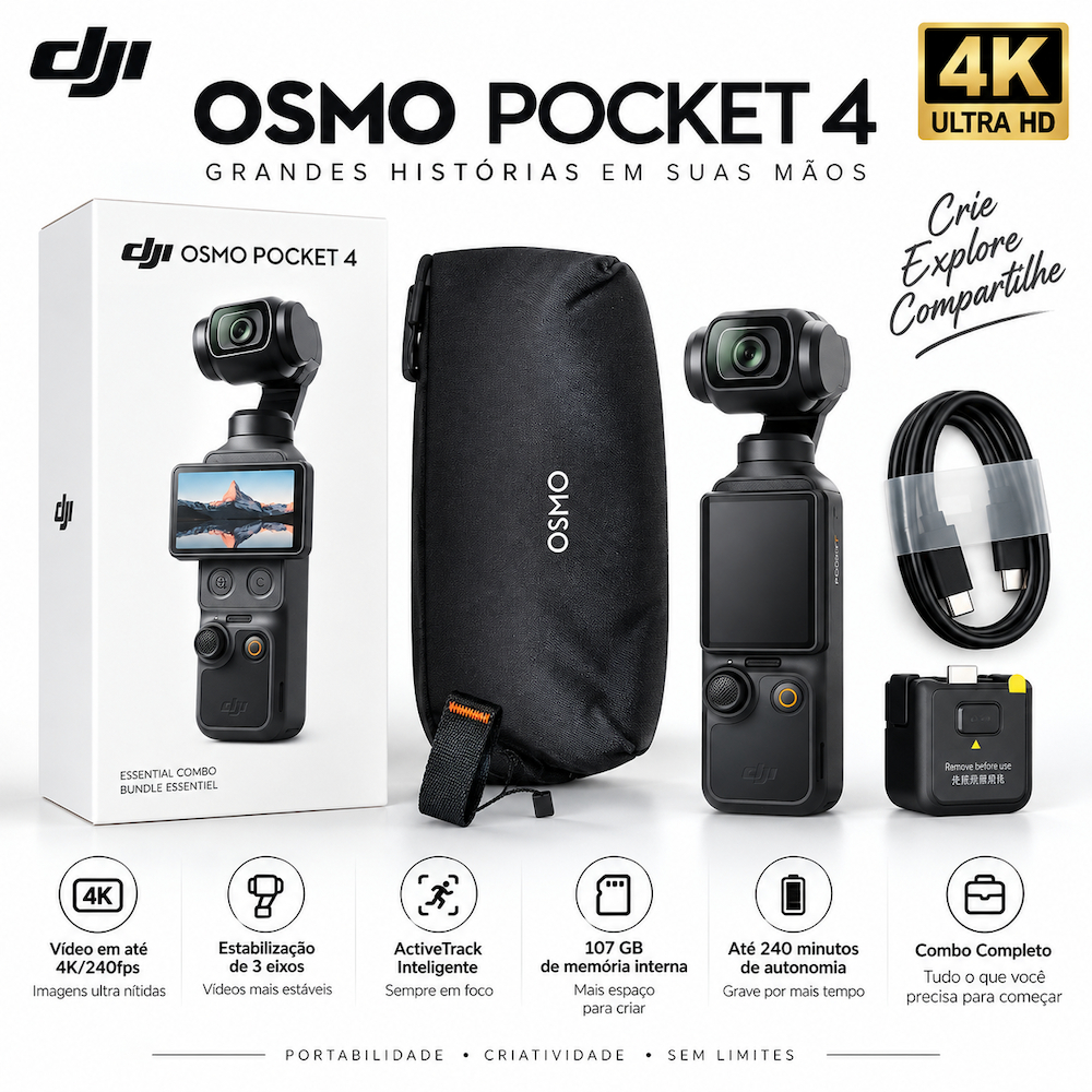 DJI Osmo Pocket 4 Essential Combo Câmera Portátil Gimbal Estabilizador para Vlog Viagem e Vídeos