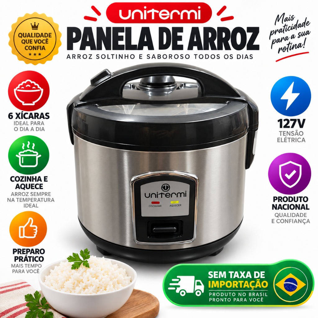 Imagem Panela de Arroz Elétrica Aço Inox Antiaderente 6 Xícaras UNITERMI 110/127V Prática Compacta