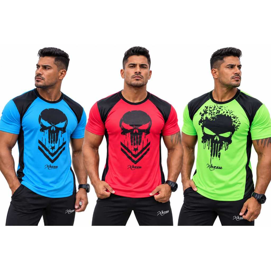 Kit 3 Camiseta Masculina Xhzeu Justiceiro Punisher Dry Fit Raglan Longline Academia Treino