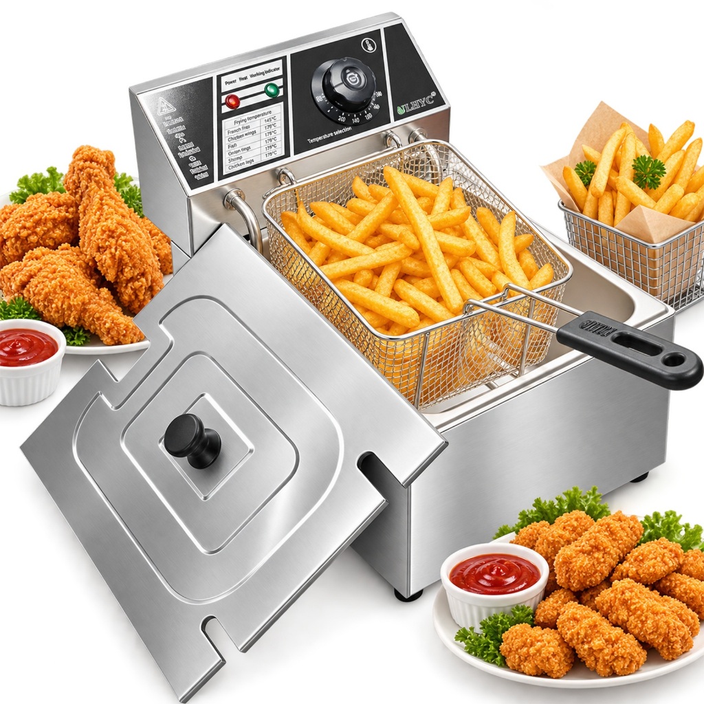 Fritadeira Elétrica Profissional 10L Inox Cuba Funda Cesto com Tampa 110V /220V