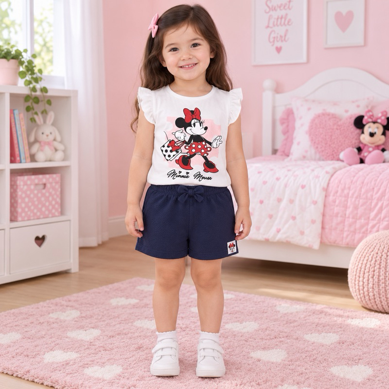 Conjunto Infantil Feminino Minnie Mouse Licenciado com Camiseta e Short Azul-Marinho – Tamanho 3