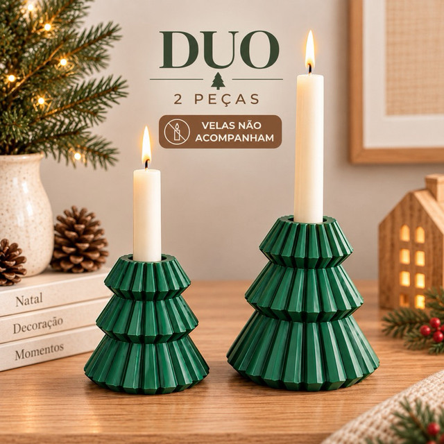 Kit 2 Castiçais Árvore de Natal | Porta Vela Palito Decorativo Natalino para Mesa e Aparador
