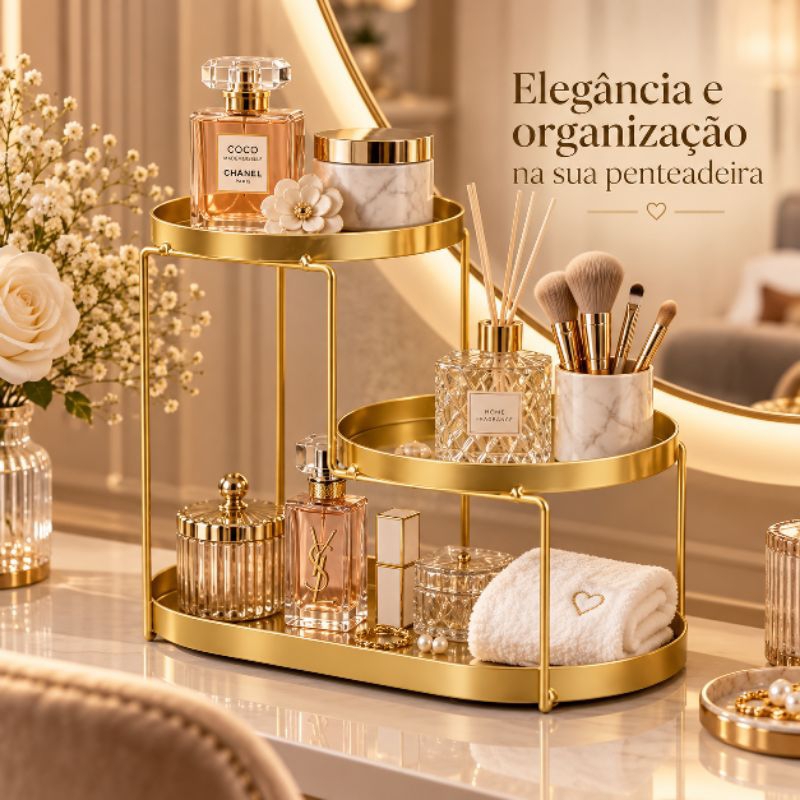 Organizador para Maquiagem Perfumes Cosméticos Banheiro Penteadeira Decorativo 3 Andares Dourado — imagem 2 de 2