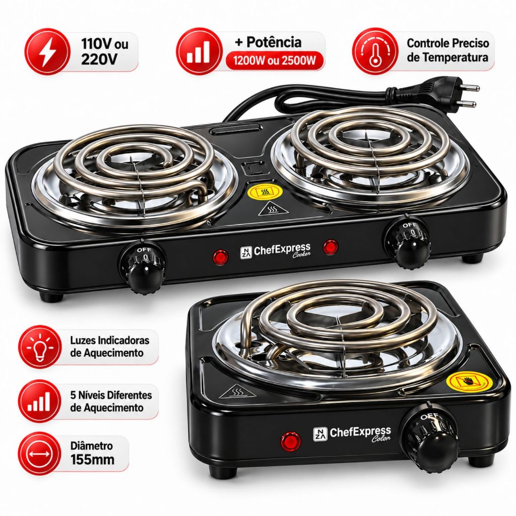 Fogão Elétrico de Mesa 1 e 2 Bocas 2500W 1200W Fogareiro Portátil Cooktop 110V 220V Prático Camping Viagem ChefExpress