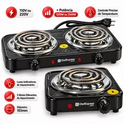 Fogão Elétrico de Mesa 1 e 2 Bocas 2500W 1000W Fogareiro Portátil Cooktop 110V 220V Prático Camping Viagem ChefExpress