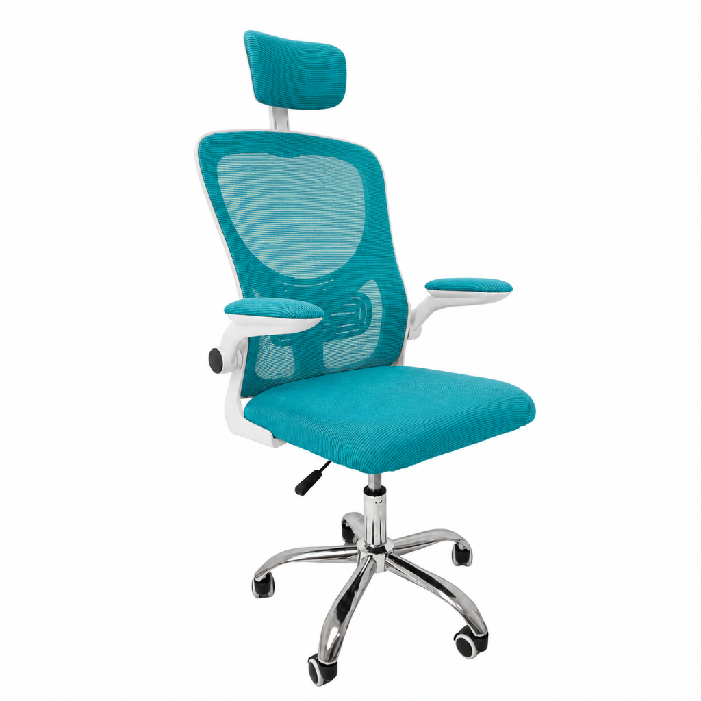 Cadeira Diretor Vegas Mesh: Ergonômica, Apoio Lombar e Cabeça, Braços Retráteis, Base Cromada, até 120kg Azul e Branco