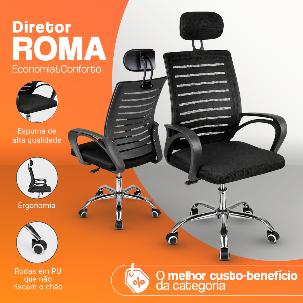 Kit 6 Cadeiras Roma Mesh: Ergonômica, Apoio Cabeça, Ajuste Altura, Giratória, Base Cromada, até 120kg, Preta · foto 2