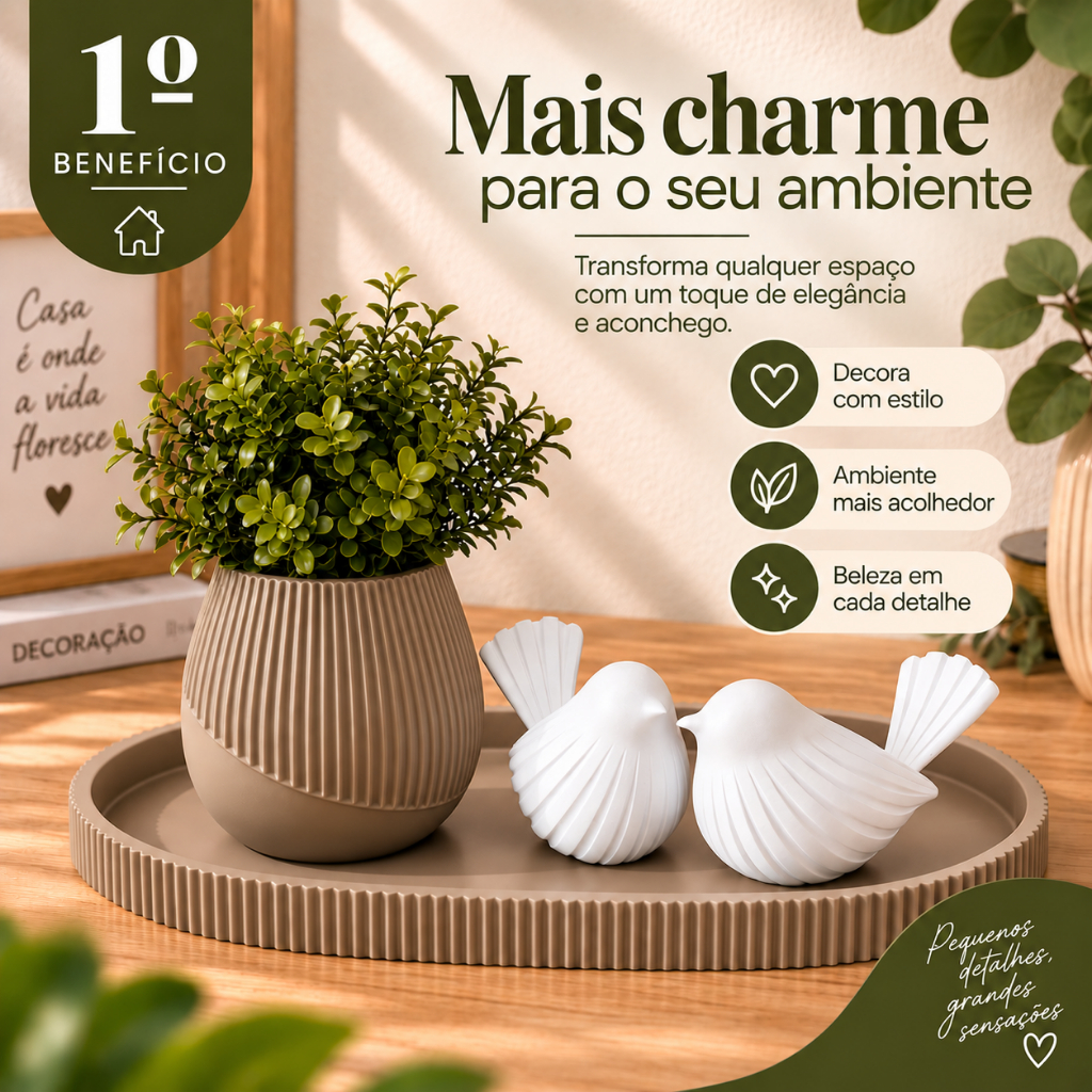 Decoração para Sala Bandeja Vaso Canelado 2 Passarinhos Decoração Moderna sofisticado