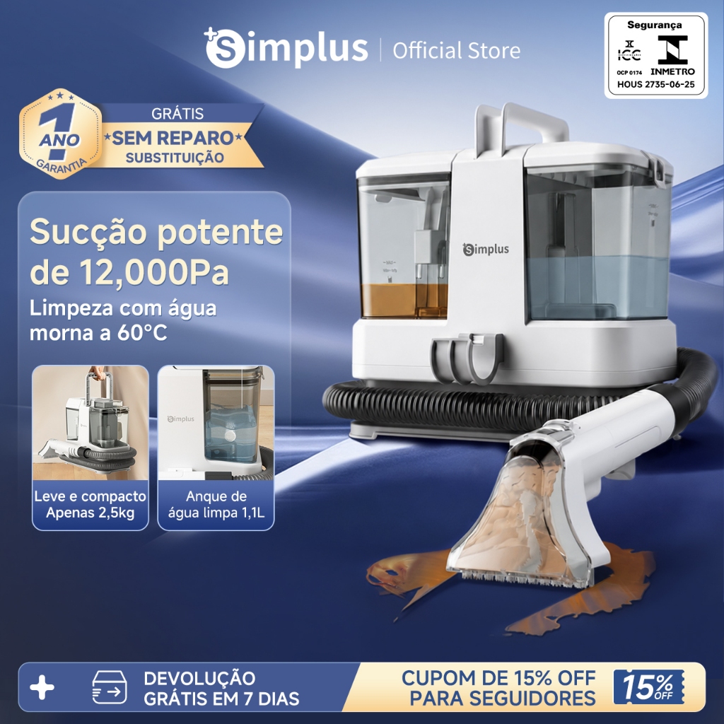 Simplus Extrator Multifuncional 12.000Pa Lava Estofado Portátil Leve 2,5kg Tanque Duplo 127V