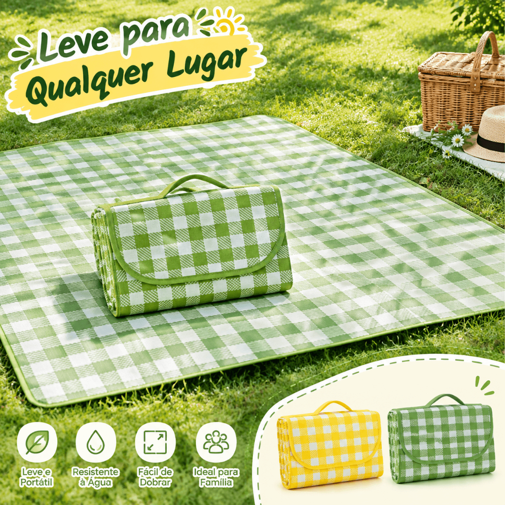 Tapete de Piquenique Impermeável Dobrável Xadrez com Alça para Camping Praia Parque