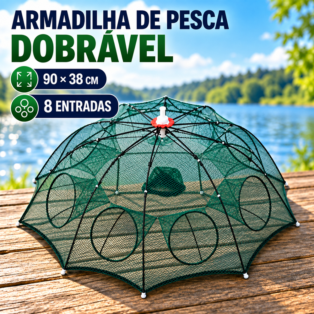 Armadilha Covo de Pesca Dobrável 90X38cm com 8 Entradas para Peixes Lambaris e Camarões