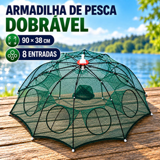 Armadilha Covo de Pesca Dobrável 90X38cm com 8 Entradas para Peixes Lambaris e Camarões