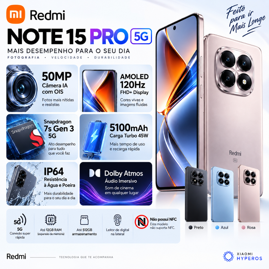 NOVO CELULAR Xiaomi Note 15 PRO 5G COM 256GB 512GB CAMERA 50MP Original Global A Pronta Entrega