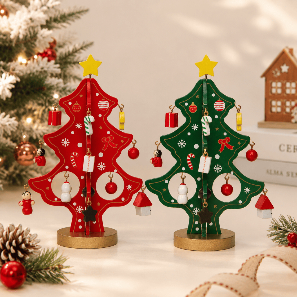 Kit Enfeite de Madeira - Árvore de Natal - Vermelha | Verde - 14x10,5cm - 1 unidade - Decoração Natalina | Para Mesa