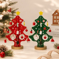 Kit Enfeite de Madeira - Árvore de Natal - Vermelha | Verde - 14x10,5cm - 1 unidade - Decoração Natalina | Para Mesa