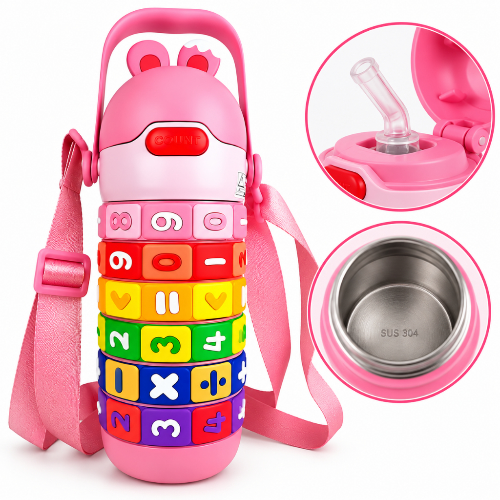 Garrafa Térmica Infantil 430ml Tabuada Interativa Educativa Inox com Canudo