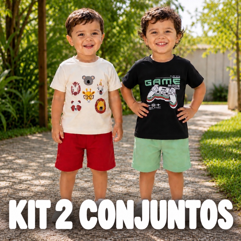 Kit 2 Conjuntos Infantis Sortidos Menino Camiseta Estampada Shorts Algodão Roupa Infantil Verão | Tam 1 a 3 anos