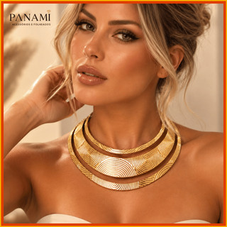 Maxi Colar Feminino Dourado ou Prata Texturizado Ajustável Statement Elegante Festa