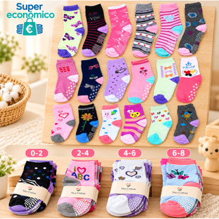 Kit com 6 Pares de Meias Antiderrapantes Estampadas para Meninas / De 2 a 4 Anos / De 6 a 8 Anos