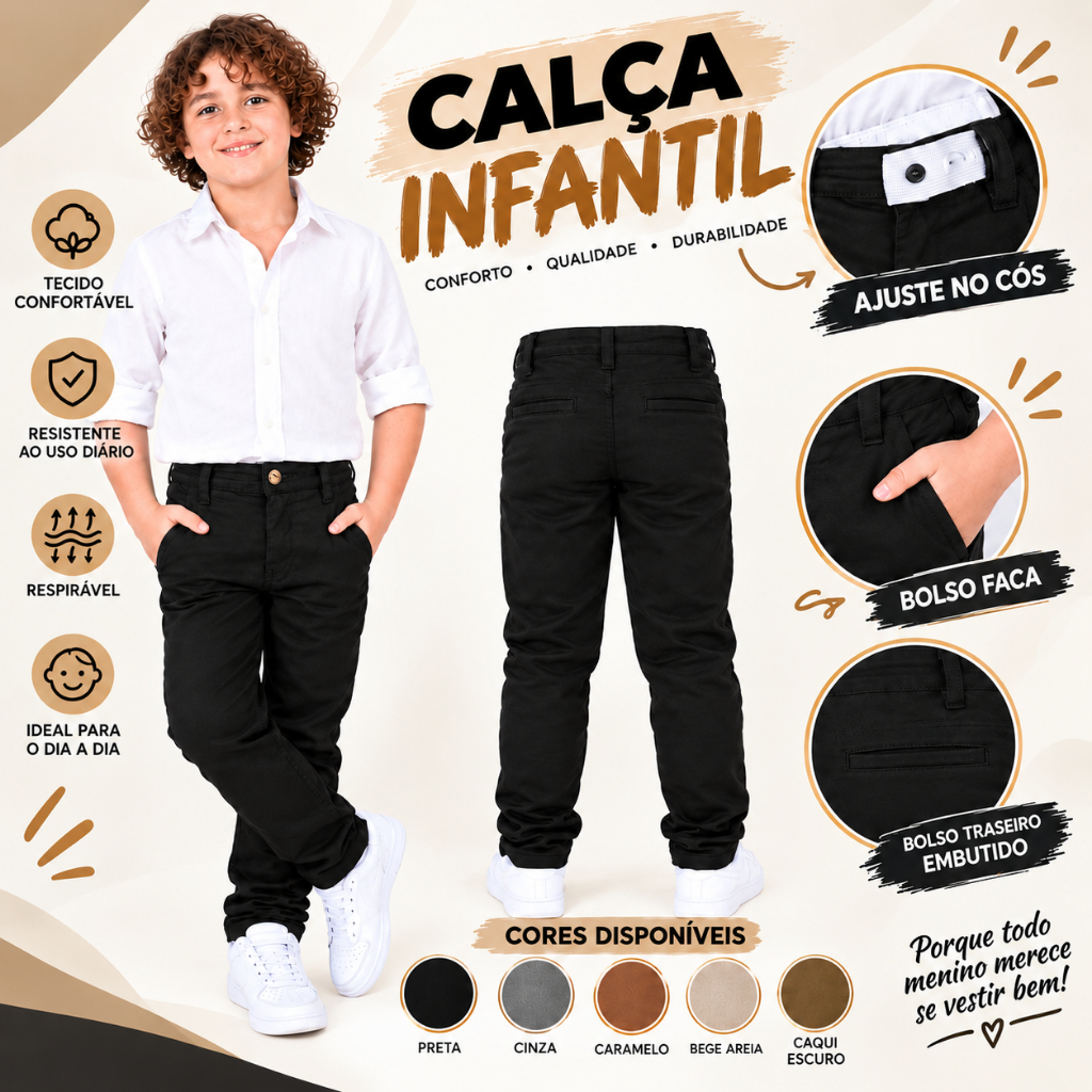 Calça social Infantil menino em brim com elastano varias corres 2ao 16 anos ideal para igreja e eventos