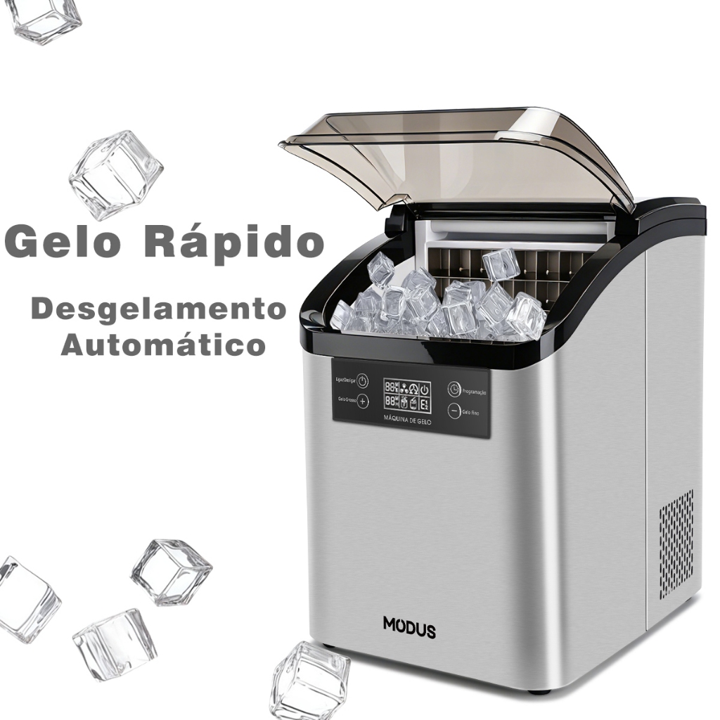 MODUS Máquina De Gelo Cubo Premium Inox 20kg/24h Portátil Automática Tela LCD Espessura Ajustável