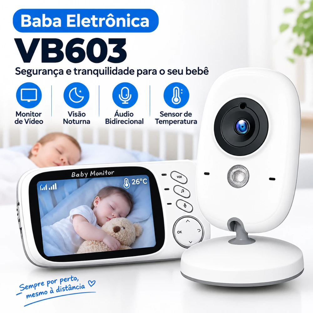 Baba Eletrônica VB603 Com Monitor Visão Noturna, Câmera c/ Audio Sensor de Temperatura