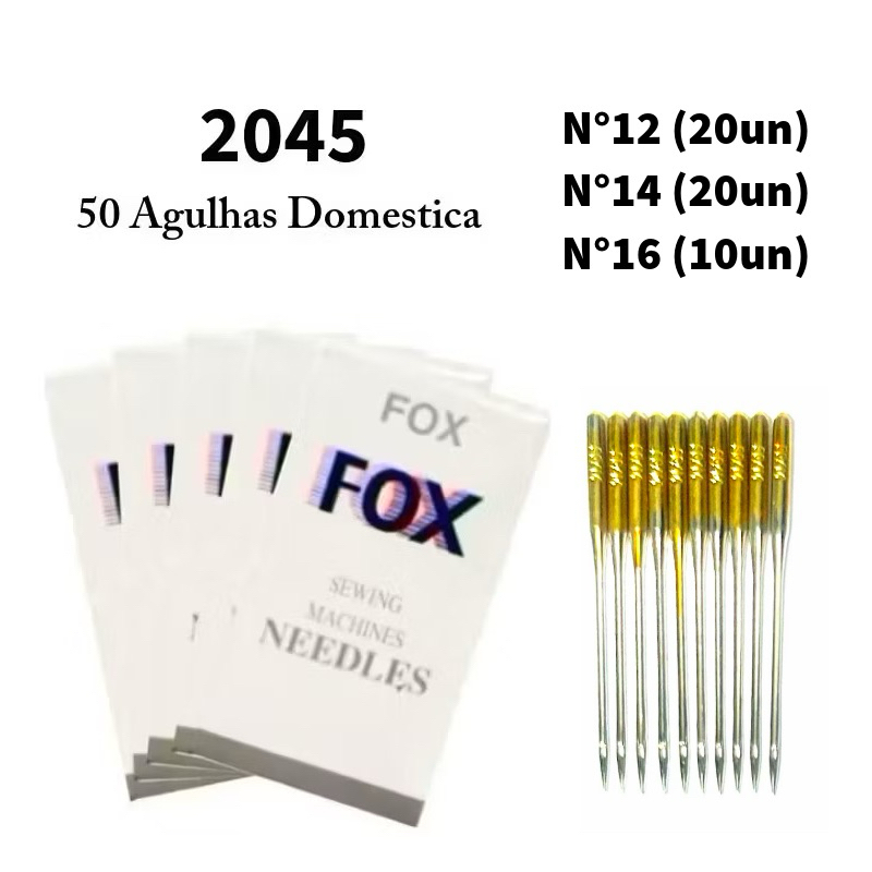 Kit 50 Agulhas Domesticas 2045 Dourado Ponta Bola Diversos Tamanhos N°12/14/16 Maquina Costura Caseira -FOX