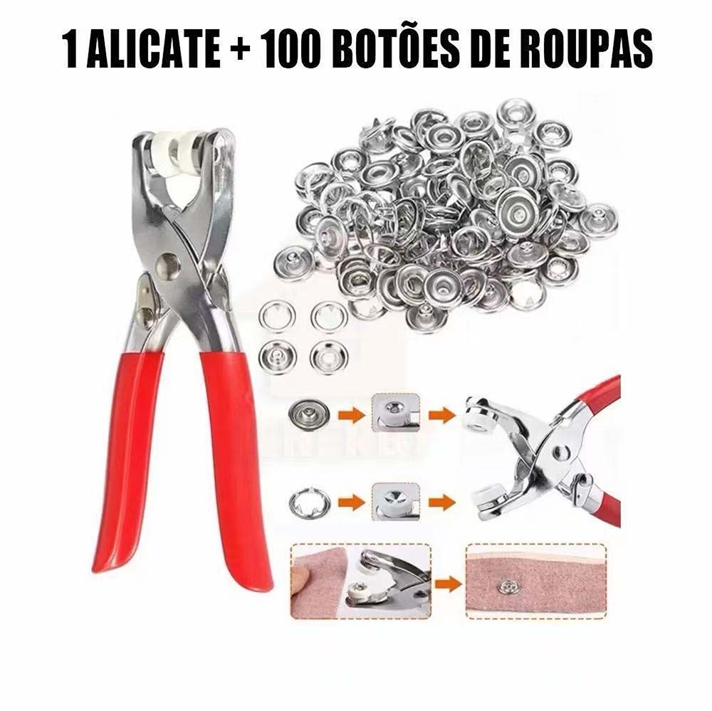 Kit Alicate Aplicador + 100 Botões de Pressão Metal Inoxidável para Roupas e Artesanato