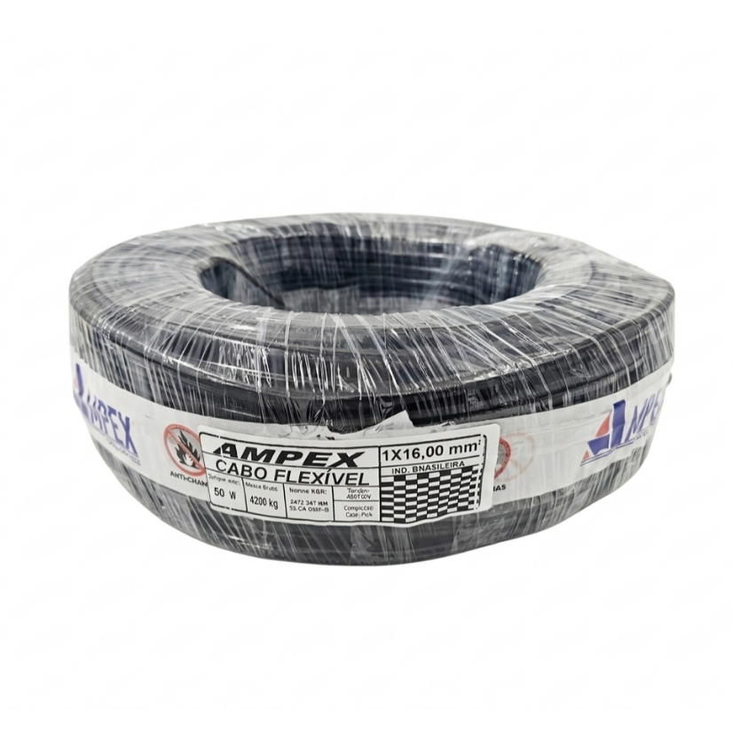 Fio Elétrico Cabo Flexível 16mm Rolo de 50 metros – Certificado INMETRO | Anti-chamas | Ampex