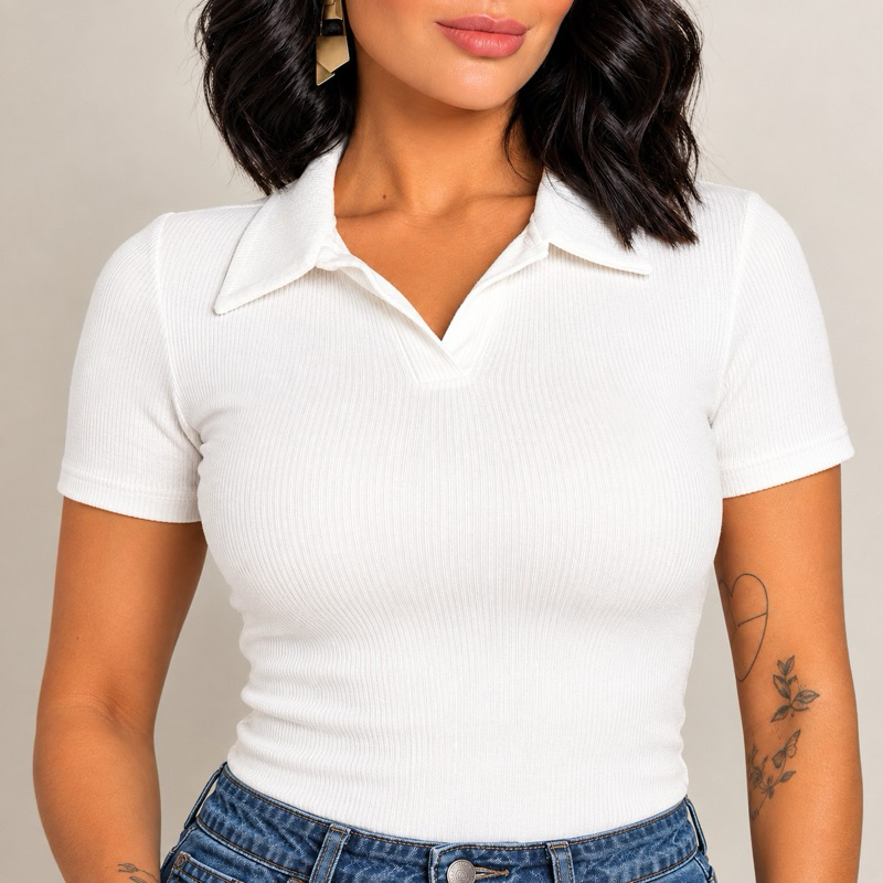 Blusa Polo Feminina Ribana Canelada Gola V Casual Dia a Dia Elegante Confortável Trabalho