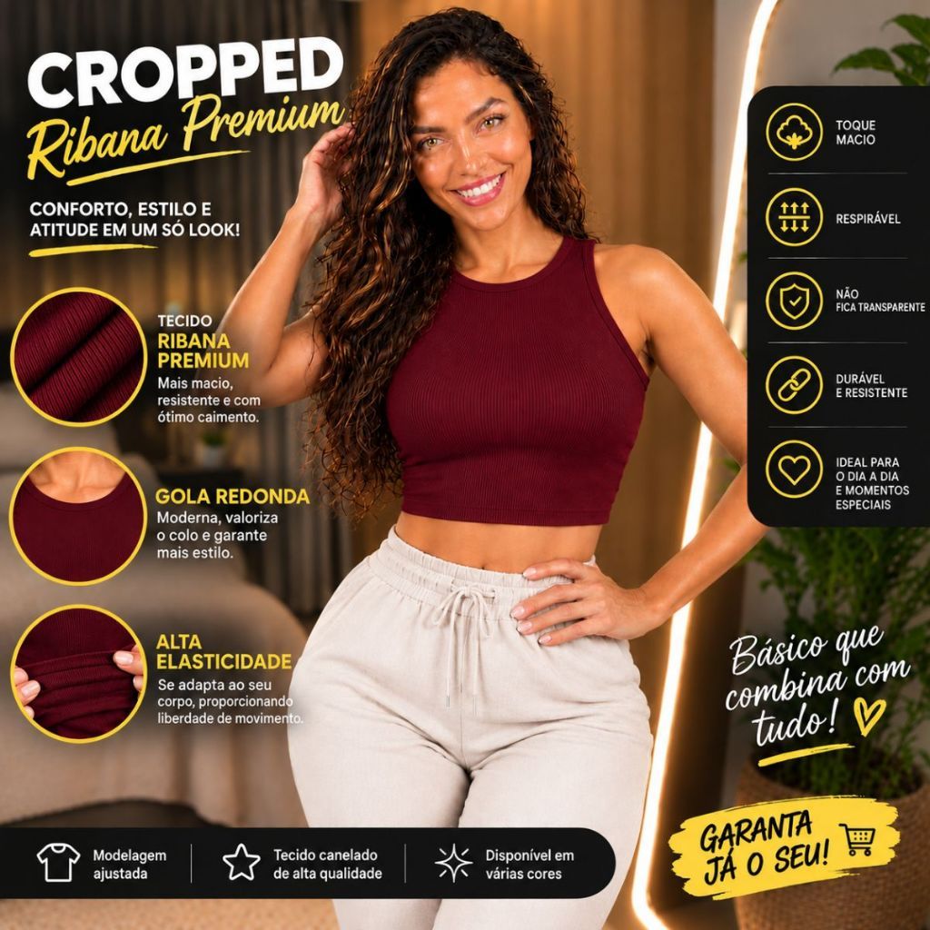 Cropped Top Feminino Regata Ribana Cropedi Malha Canelada Justa Confortável Casual Moderna Estilosa Roupa Moda Casual