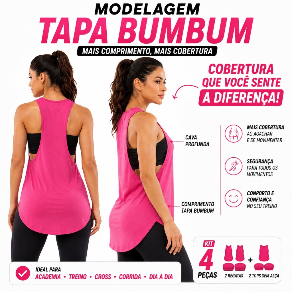 Kit 4 Peças 2 Regatas Fitness Tapa Bumbum + 2 Tops Faixa Sem Alça Feminino Treino Academia — imagem 2 de 2