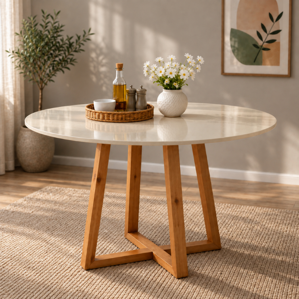 Mesa Redonda Sala De Jantar 4 Lugares 90 Cm Luxo Reforçada Off White / Freijó Com Base Madeira Maciça Rústica