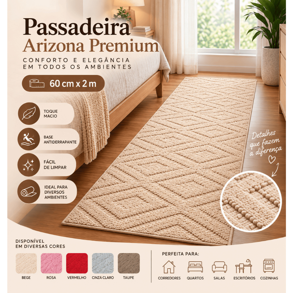 Tapete Passadeira Arizona Premium 60cm X 200cm Sala Quarto Cozinha Corredor  Grande Antiderrapante Exclusivo