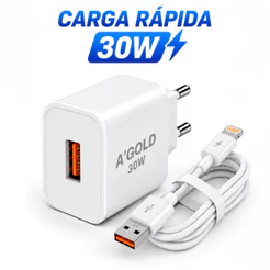 Carregador iPhone 30W Turbo USB + Cabo Lightning Reforçado | Carga Rápida XR 11 12 13 14 Pro Max