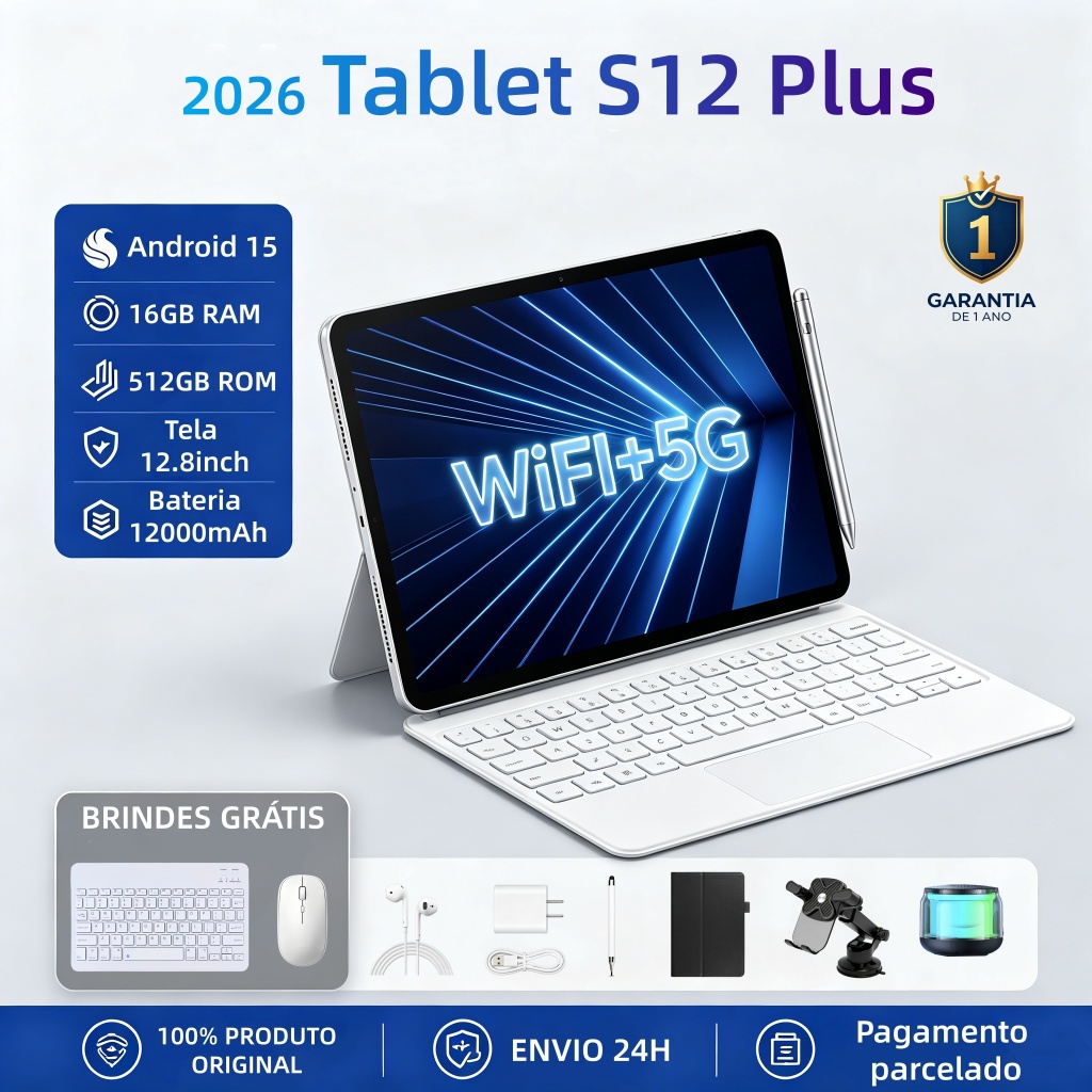 【Garantia de um ano】Tablet Galaxy S12 Plus 12,8 polegadas HD, 16 GB de RAM + 512 GB de ROM, bateria de 12.000 mAh, 5G