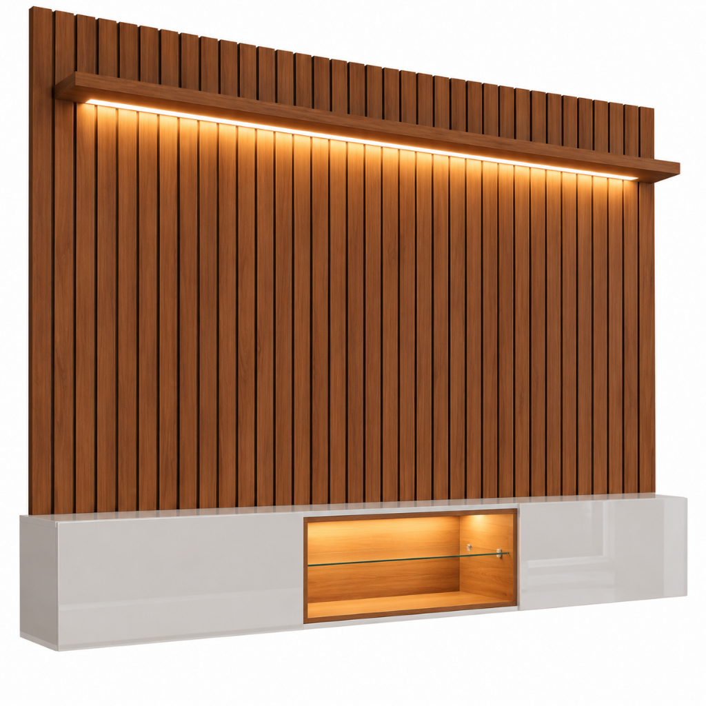 Painel com Rack Copa do Mundo Milano para TV até 70” com LED, Nicho Iluminado e Portas Basculantes