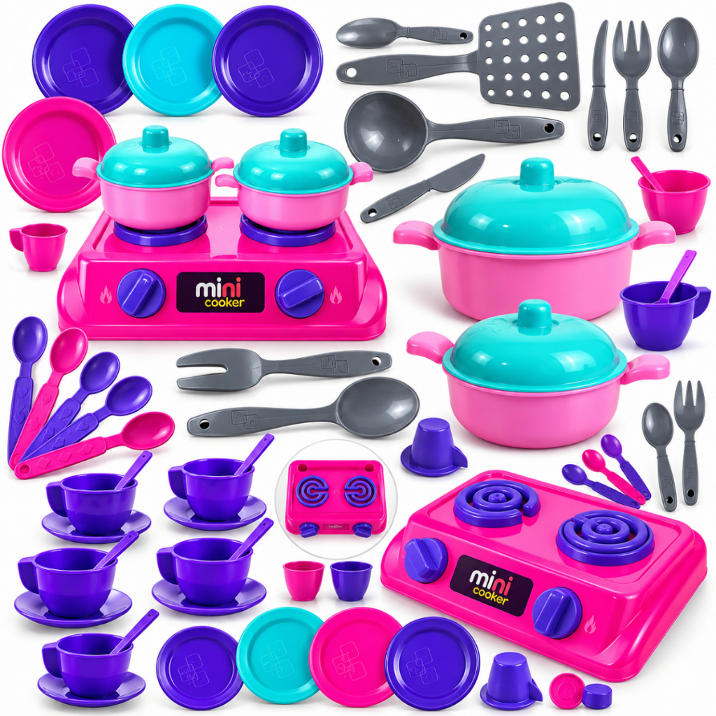 Kit Cozinha Infantil Brinquedo 32pçs Faz de Conta Fogão Panelinhas Xícaras Acessórios
