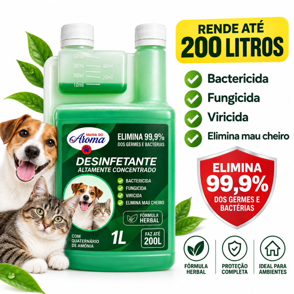 Desinfetante Herbal Super Concentrado Eliminador de Odor +15 Cachorro Gato 1L - Rende muito