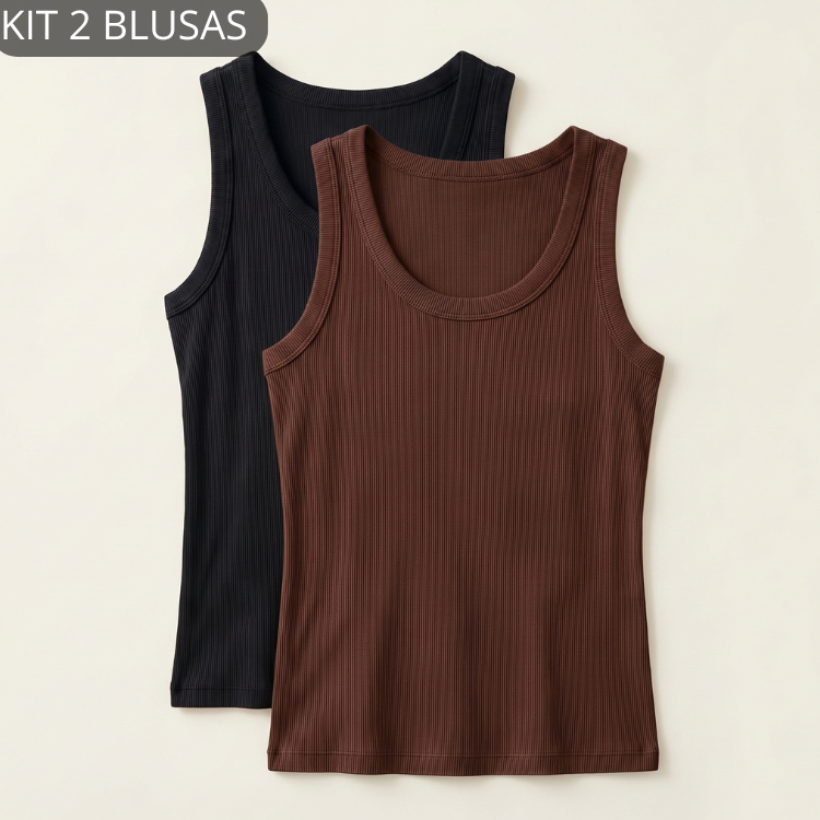 Kit 2 Peças Regatinha Canelada Básica Premium Blusinha Feminina Lisa Elastano Alça Larga Canelado Grosso Verão Elegante