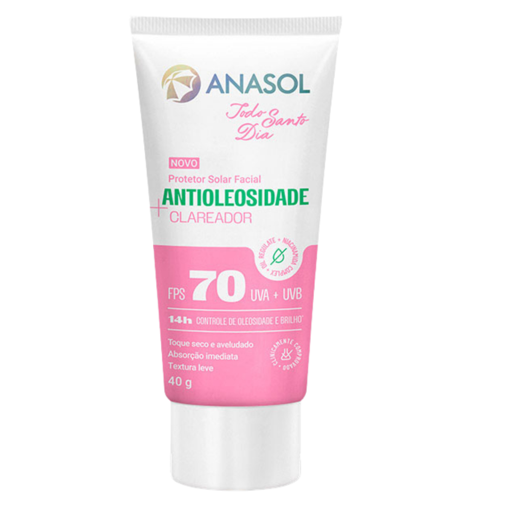 Protetor Solar Facial Anasol Todo Santo Dia FPS 70 Clareador 40g - Ação Anti-Manchas - Antioleosidade
