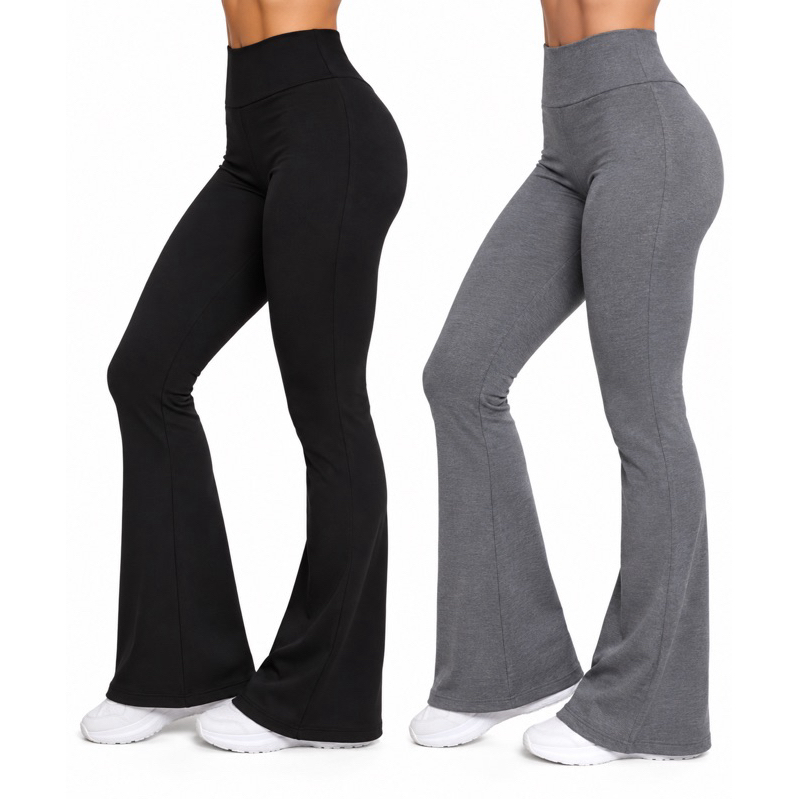 Kit 2 Calça Feminina Legging Flare Boca de Sino Bailarina Cintura Alta Suplex Elastano
