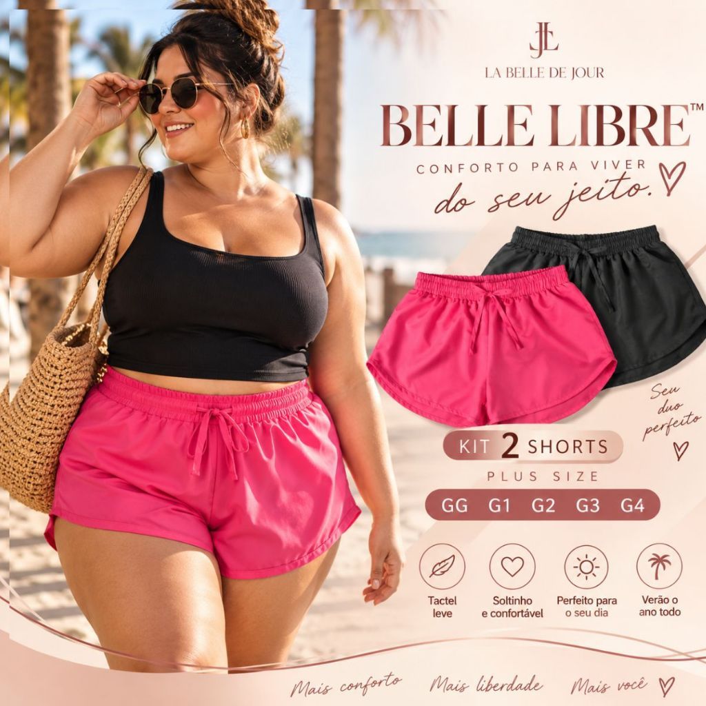 Kit 2 Shorts Tactel Feminino Plus Size GG ao G4 Dia a Dia Praia Verão Casual Moda Shortinho Soltinho Confortável Modinha