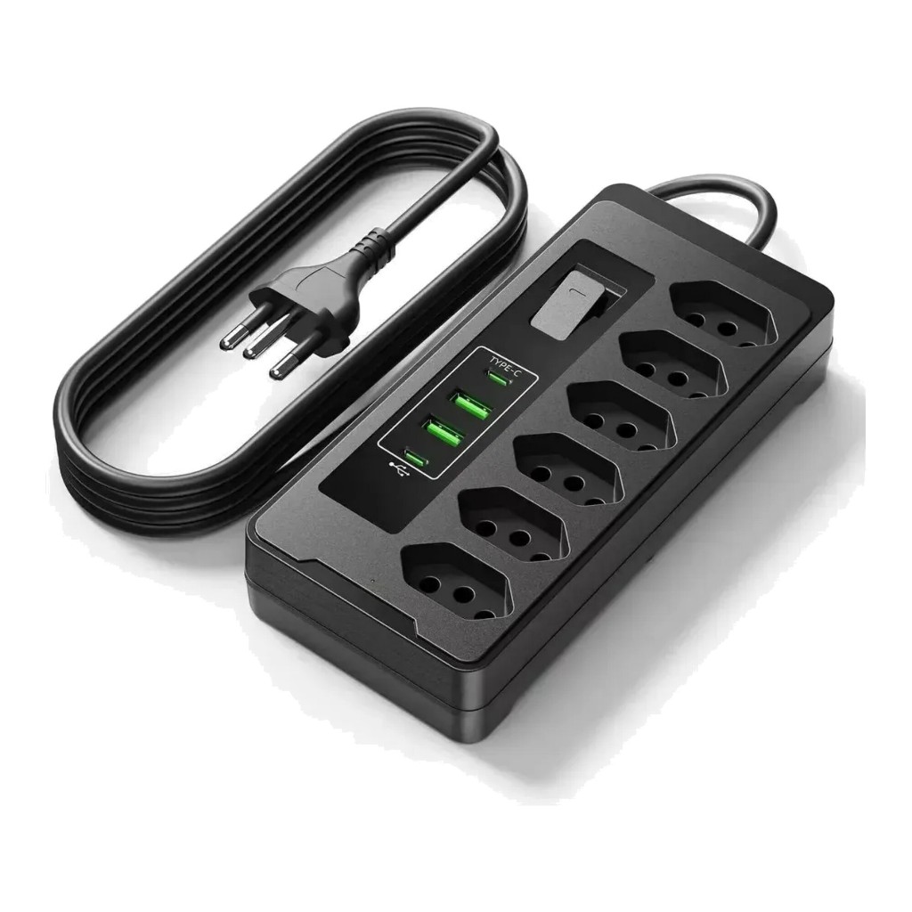 Filtro de Linha 6 Tomadas 4 USB (2 USB-C PD + 2 USB-A) DPS Régua Extensão 2500W Bivolt Cabo 2m Proteção Sobrecarga Preto