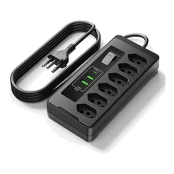 Filtro de Linha 6 Tomadas 4 USB (2 USB-C PD + 2 USB-A) DPS Régua Extensão 2500W Bivolt Cabo 2m Proteção Sobrecarga Preto