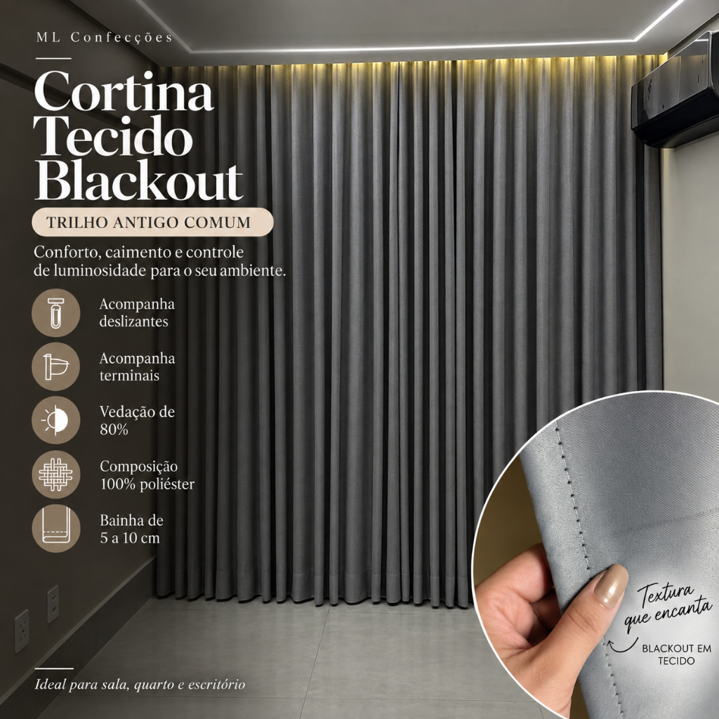 Cortina Trilho Suíço Blackout 6m x 2,30/ 2,40/ 2,50/ 2,60/ 2,70/ 2,80 Tecido 80% Corta Luz