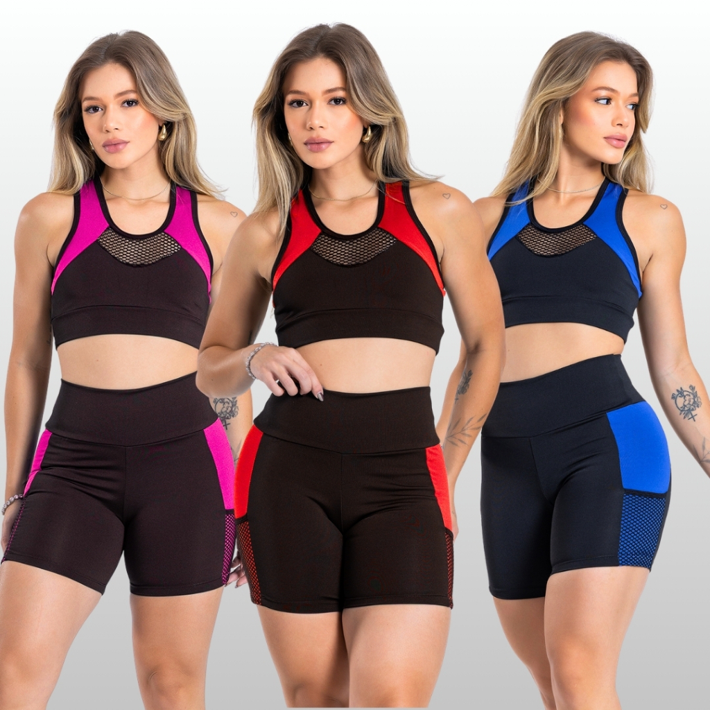 Conjunto Academia Feminino Top e Short Cintura Alta Suplex Treino Fitness Roupa de Academia