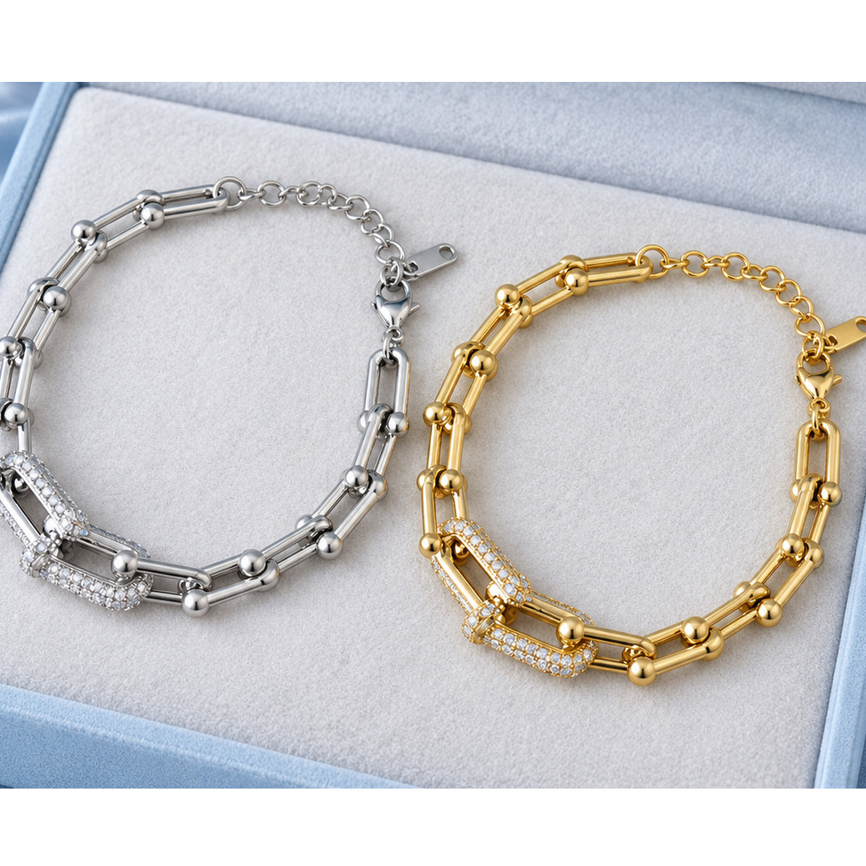 PULSEIRA FEMININA INSPIRAÇÃO ELO LONGO CRAVEJADOS COM ZIRCÔNIA FOLHEADA A RÓDIO OURO BRANCO /DOURADO 18k