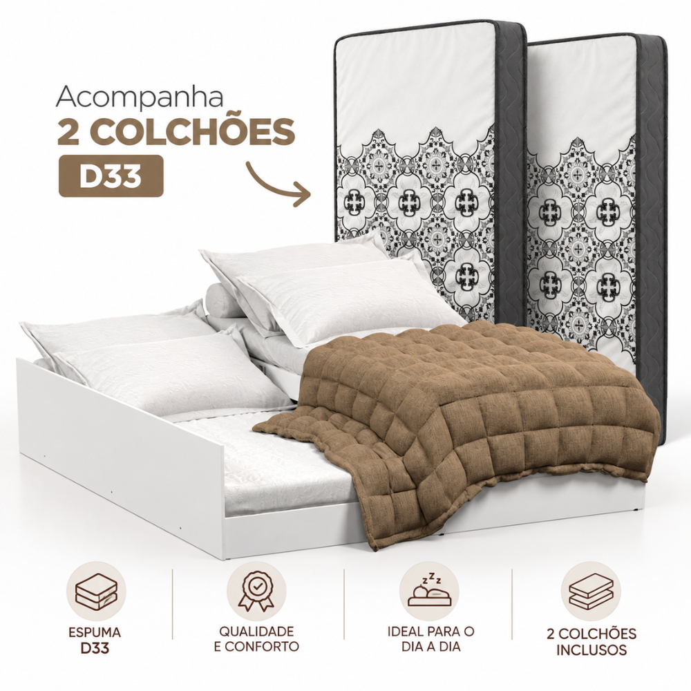 Cama 3 em 1 Matrix Tamanho Solteiro Incluso 2 Colchões D33 com Bicama Auxiliar Retrátil Vira Cama Casal - AV
