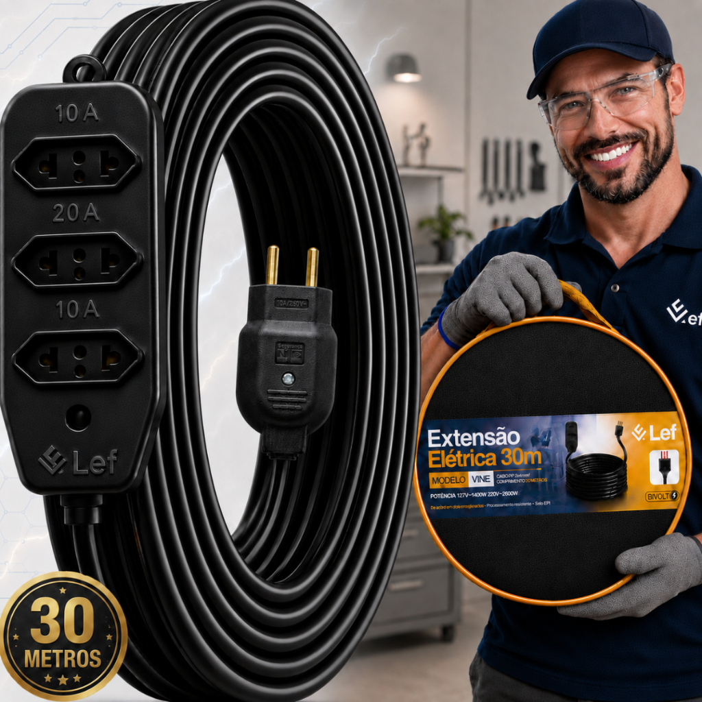 Extensão Elétrica 30 Metros Bivolt 3 Tomadas 10a 20a Cabo Pp Reforçado Obra Oficina Garagem+bolsa
